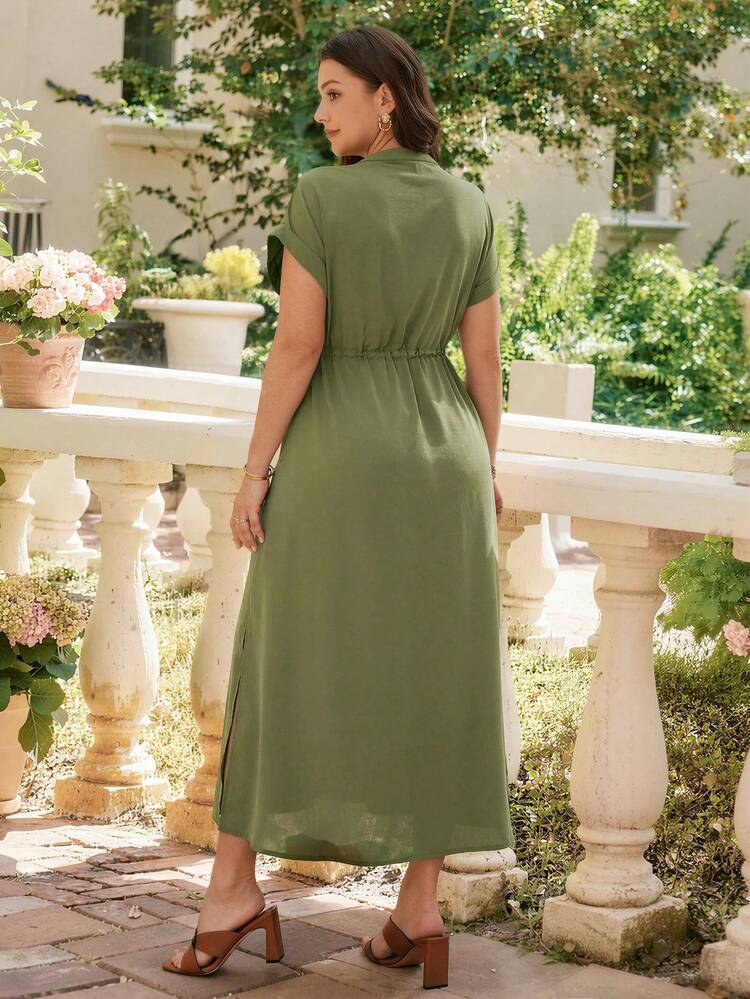 Plus Size Women's Summer Casual Vacation Solid Olive Green Short Sleeve Side Slit Drawstring Dress