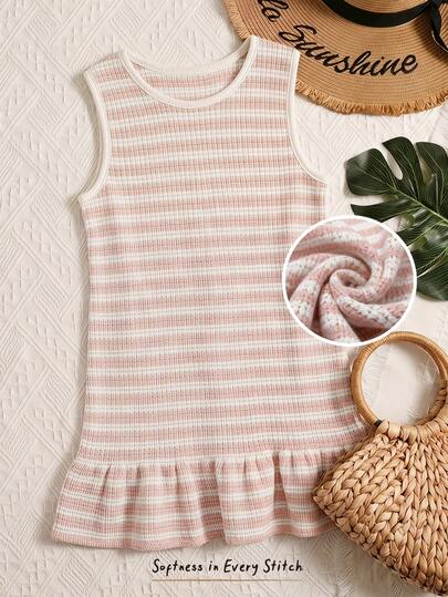 Cozy Pixies Vestido casual de punto a rayas con cuello redondo y sin mangas, adecuado para vacaciones, salidas, viajes y cualquier ocasión, para niña joven