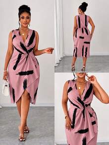 Maweii Vestido sin mangas con cuello en V y estampado de talla grande - Rosa - Ver 1