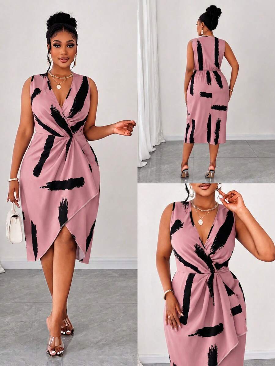 Maweii Vestido sin mangas con cuello en V y estampado de talla grande - Rosa - Ver 1