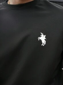 LEOGASHI LEOGASHI Áo sweatshirt nam cổ tròn ôm dáng, phong cách tối giản, in hình cưỡi ngựa, thích hợp mặc hàng ngày, mùa xuân/thu. - màu đen - Xem 3