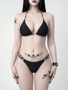 ROMWE Goth Maillot de bain bikini deux pièces sexy à imprimé léopard élégant, décontracté pour vacances, plage et soirée pour femmes - Noir - Voir 5