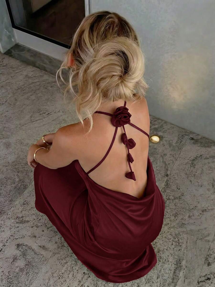 Firerie 优雅简约性感精致浪漫派对活动生日聚会婚礼宾客假日深V露背3D立体花卉交叉缎面红色连衣裙(女款) - 酒紅色 - 查看 1