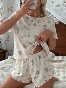 CottageSlumber Women's Cute Rabbit Print Round Neck Button Front Short Sleeve Pajama Set - Multicolor - View 1