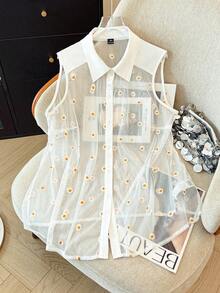 GlowEve CURVE 大尺碼女款網紗刺繡襯衫領鈕扣開襟上衣，優雅知性，適合日常通勤穿著 - 彩色 - 查看 1