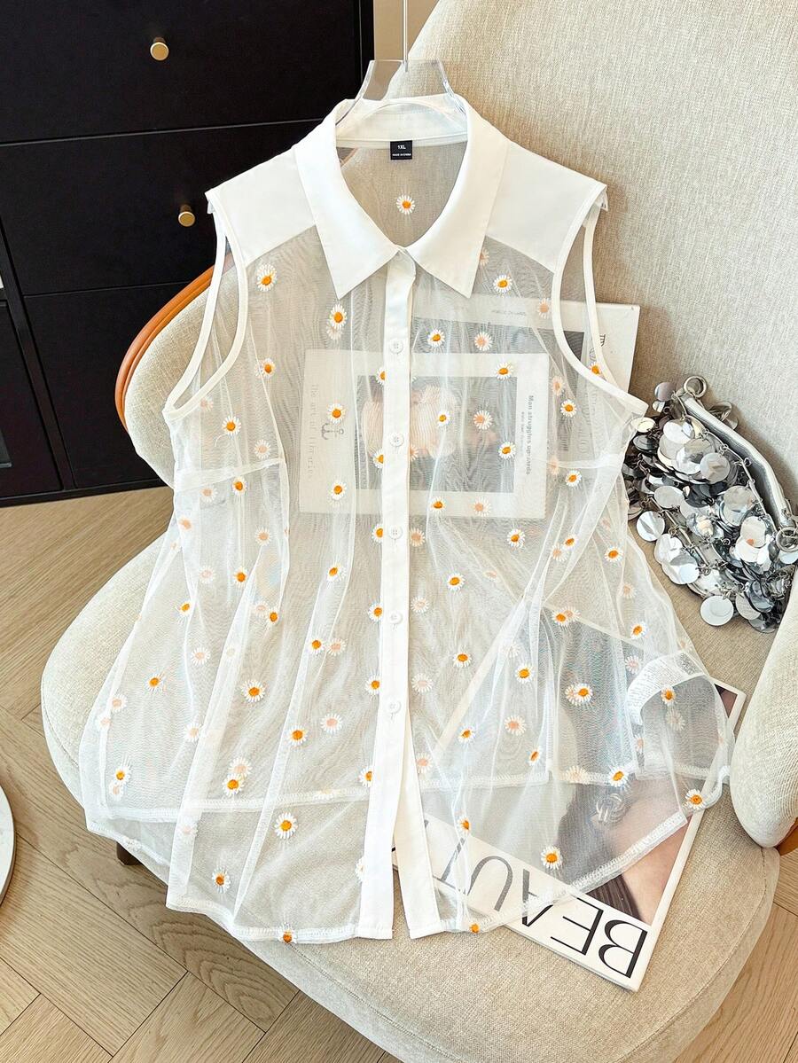 GlowEve CURVE 大尺碼女款網紗刺繡襯衫領鈕扣開襟上衣,優雅知性,適合日常通勤穿著 - 彩色 - 查看 1
