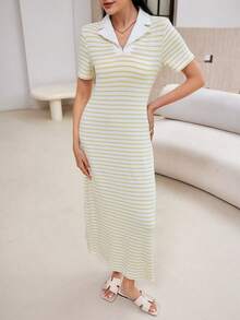 Modelyn Vestido feminino casual estilo executivo, listrado em amarelo e branco, comprimento midi com gola branca. - Amarelo - Ver 7