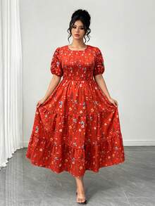 Elenzga Plus Size Women's Short Sleeve Floral Print Elastic Waist Layered A-Line Dress, Elegant Resort Style, Suitable For Spring/Summer - Burnt Orange - View 4