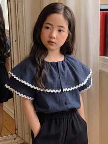 DAZY Young Girls Contrast Color Ruffle Trim Casual Korean Style Short Sleeve Blouse, Spring/Summer - Black - View 7