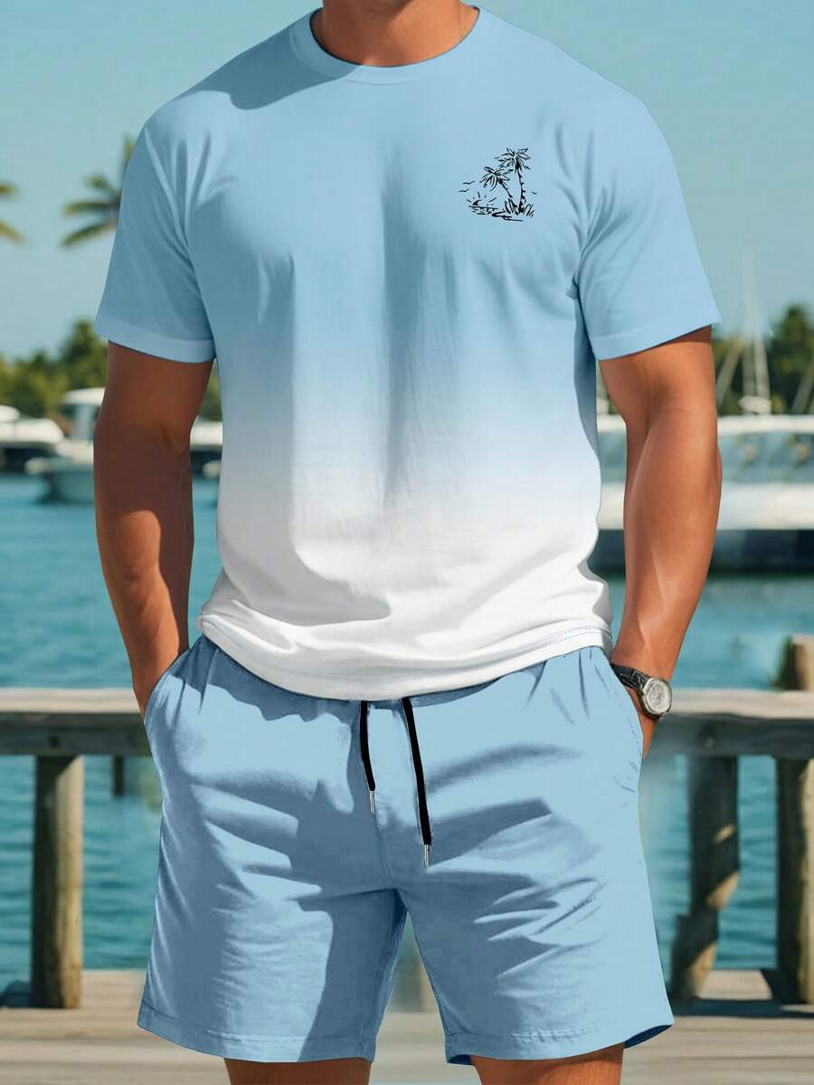 Manfinity RSRT Men's Ombre Graphic Print Round Neck Short Sleeve T-Shirt And Slant Pocket Shorts Casual Set - Multicolor - View 1