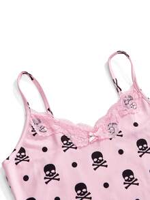 ROMWE Y2K Retro Music Note & Piano Keyboard Print Tight Lace Trim Camisole 3 Pieces Set - Pink - View 5