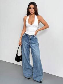 SHEIN MOOSTA Áo liền thân nữ cổ chữ V phối ren, kiểu dáng thường ngày, thích hợp cho mùa xuân/hè. - trắng - Xem 3