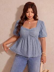 Elaquor Kaos Wanita Ukuran Besar Model Plus, Fashion, Kerah Persegi, Tali Depan, Lengan Pendek, Bordir Jala - Biru - View 6