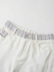 EMERY ROSE Plus Size Women Striped Patchwork Pocket Button Denim Jeans - White - View 3