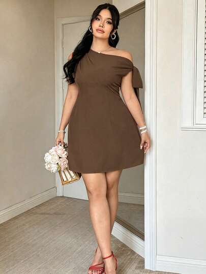FleurLily Plus Size Women's Elegant Asymmetric Neck Tie-Waist Dress