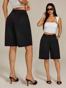 SHEIN PETITE Quần short Bermuda Modichic Casual Solid Slant Pocket - màu đen - Xem 11