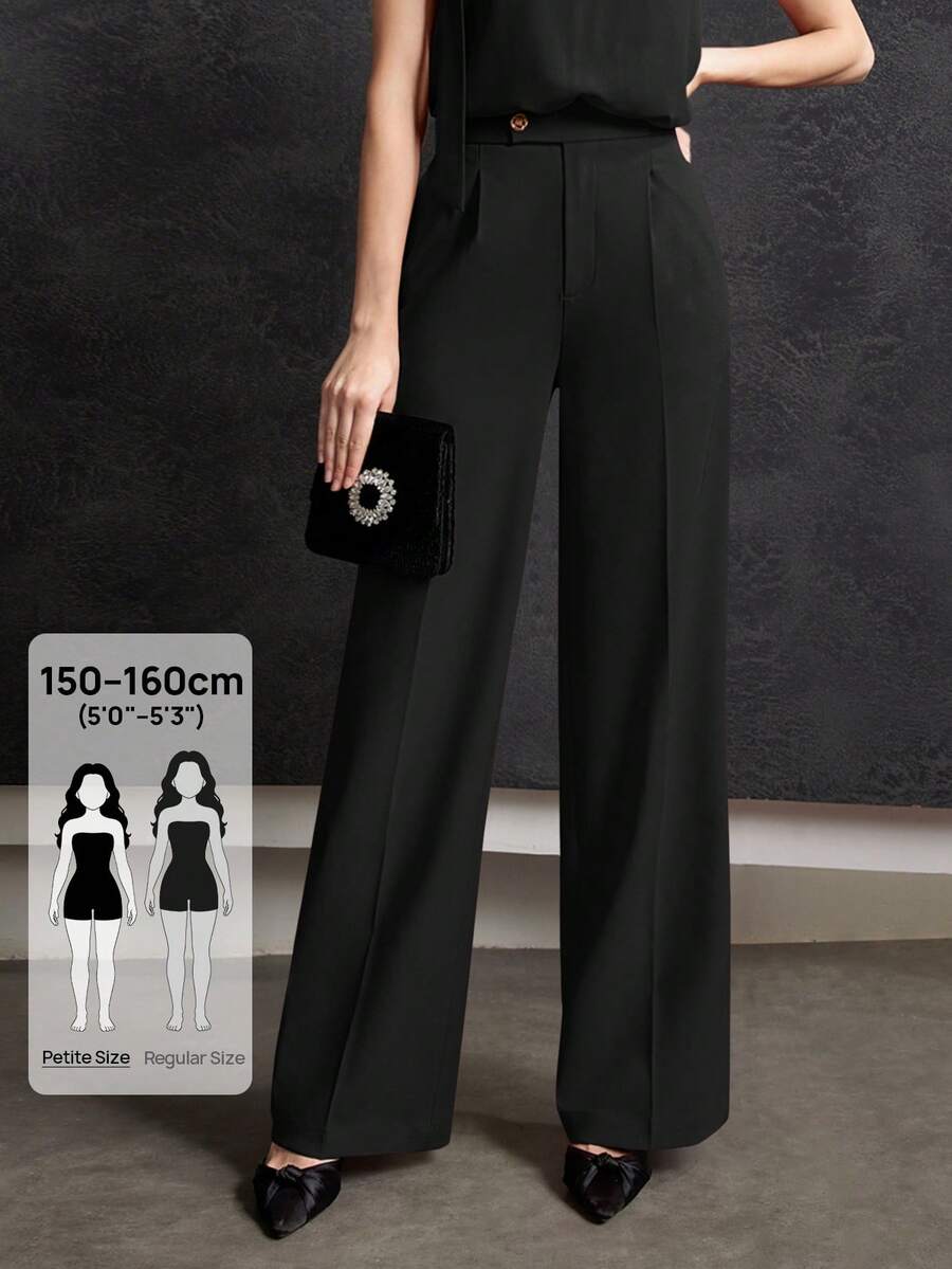 MOTF Petite Pantalones rectos de traje con detalle asimétrico en la cintura, elegantes, de moda, minimalistas, con textura metálica dorada y botones superficiales - Negro - Ver 1