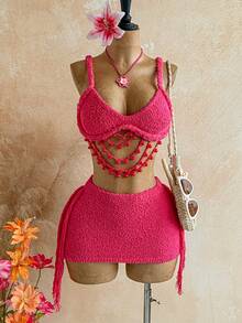 Soleia 绳编度假风打结串珠装饰吊带背心+流苏半裙两件套 - 紅色 - 查看 1