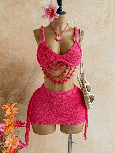 Soleia Rope Braided Vacation Style Knotted Beaded Decor Camisole Top + Tassel Skirt 2-Piece Set