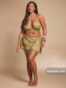 SHEIN BAE CURVE Summer Beach Vacation Plus Size Women's Green Sexy Sequined Mini Skirt - Green - View 3