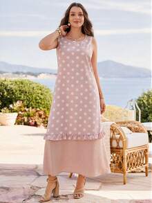 Rosumi Plus Size Women Summer Fashion Polka Dot Sleeveless Patchwork Dress - Pink - View 1
