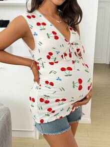 SHEIN Áo tank top không tay cổ chữ V thắt nơ phía trước, thích hợp cho bà bầu, đi nghỉ mát và đi làm, họa tiết hoa anh đào nhỏ li ti, mùa hè. - Nhiều màu - Xem 4