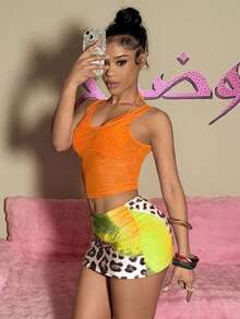 EgrlEra Women's Fashionable Multi-Color Printed Rhinestone Embellished Sexy Disco Y2k Mini Skirt Night Party Orange And Yellow Summer - Multicolor - View 4
