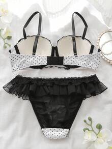 DelicateAllure Polka Dot Mesh Patchwork Lace Lingerie Set - White - View 2
