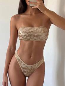 Costavie 2-Piece Floral Sequin Textured Bandeau Bikini Set, Sexy Swimwear For Women, Spring/Summer - Gold - View 4