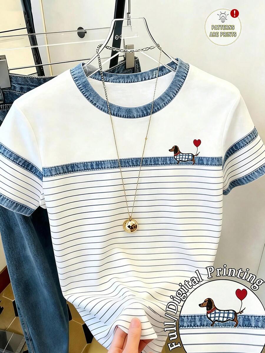 Áo thun ngắn tay kẻ sọc phối vải denim cổ điển, in hình chó xúc xích, cổ tròn, dành cho thiếu nữ. - Nhiều màu - Xem 1