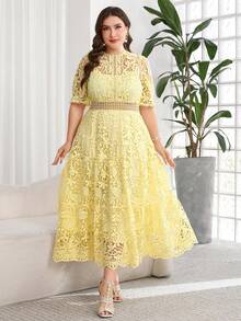 tido blanco de talla grande, vestido elegante para té, vestidos de verano de talla grande, vestidos curvy de talla grande, vestidos para bodas y eventos, vestido de malla, vestido para salir - Amarillo - Ver 7