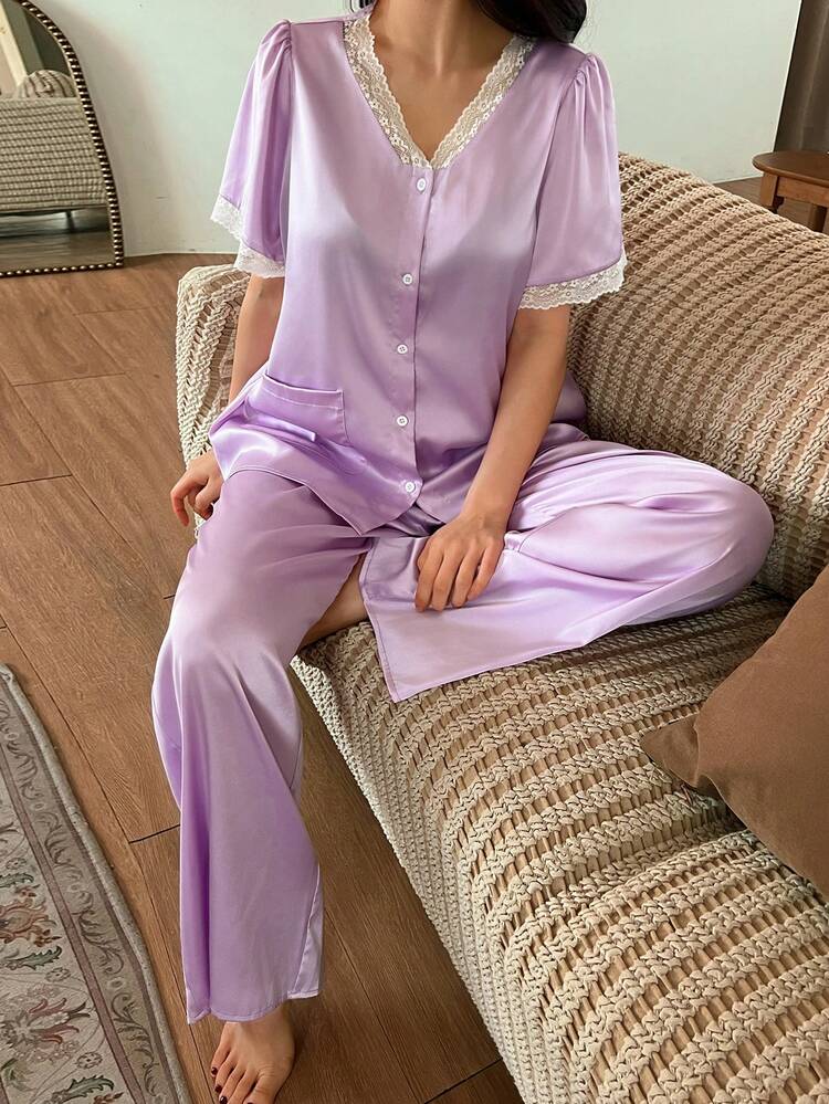 Summer Contrast Color Lace Patchwork Satin Lightweight Women Pajama Set