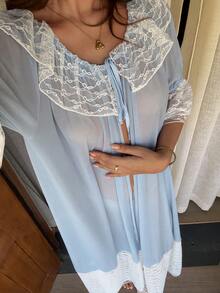 DAZY Women's Lace Patchwork Casual Loungewear Robe - Blue - View 3