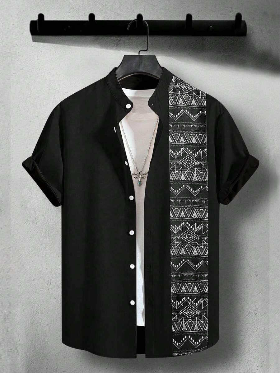 Manfinity Homme Men Summer Casual Geometric Printed Short Sleeve Shirt With Patchwork Design - Black - View 1