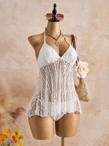 Bellisia Vestido de playa con parte superior de encaje floral y atar al cuello, con Bottom de bikini para mujer - Beis - Ver 4