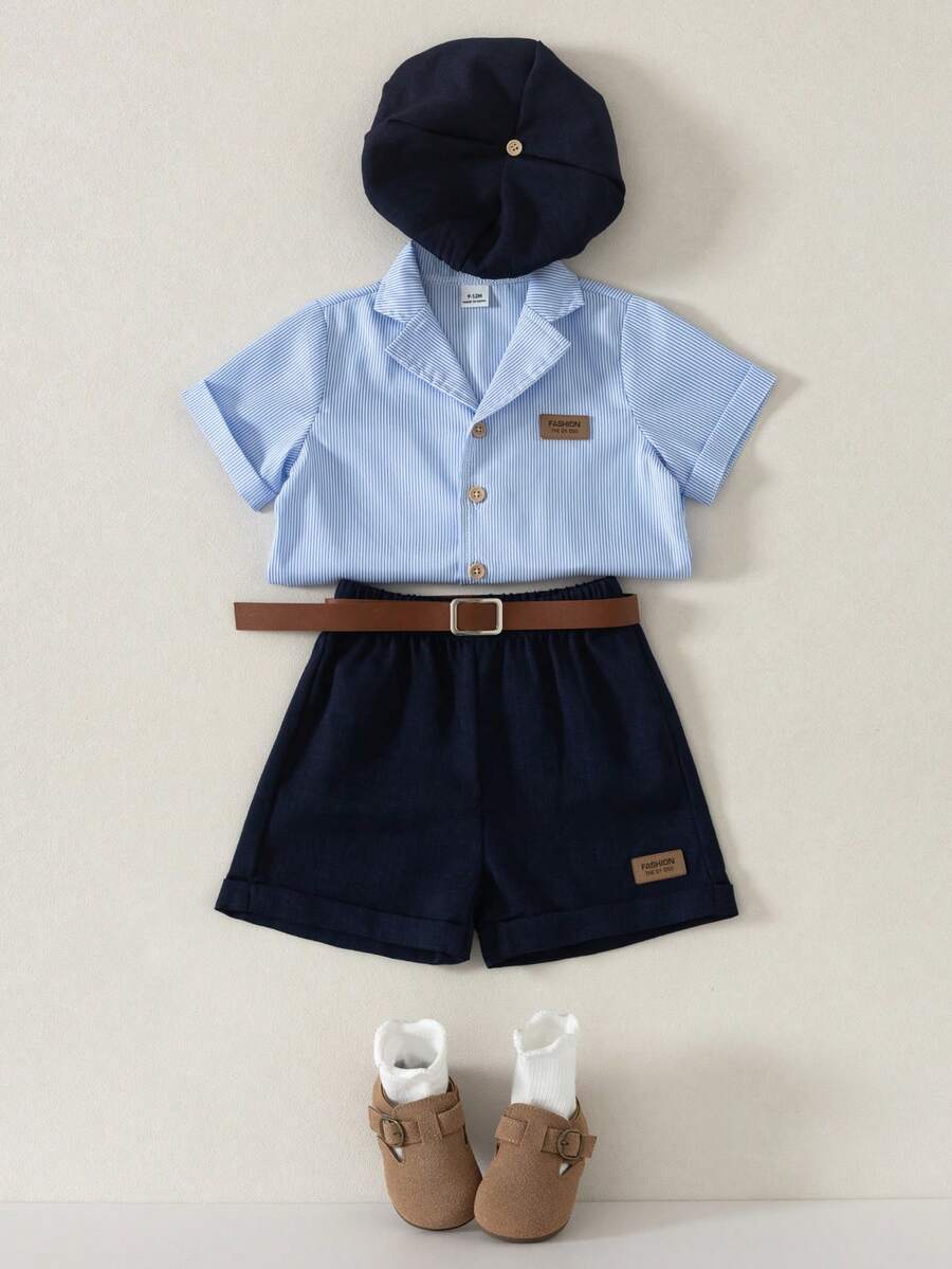 SHEIN 男童三件套服装,包括短袖Polo衫、常规短裤和帽子,适合生日、婚礼、毕业典礼、正式或休闲场合,秋冬季穿着。 - 彩色 - 查看 1
