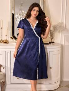 MuseNap CURVE Plus Size New Navy Blue Satin Jacquard Textured Wrap V-Neck Lace Patchwork Maxi Nightgown For Women - Blue - View 3