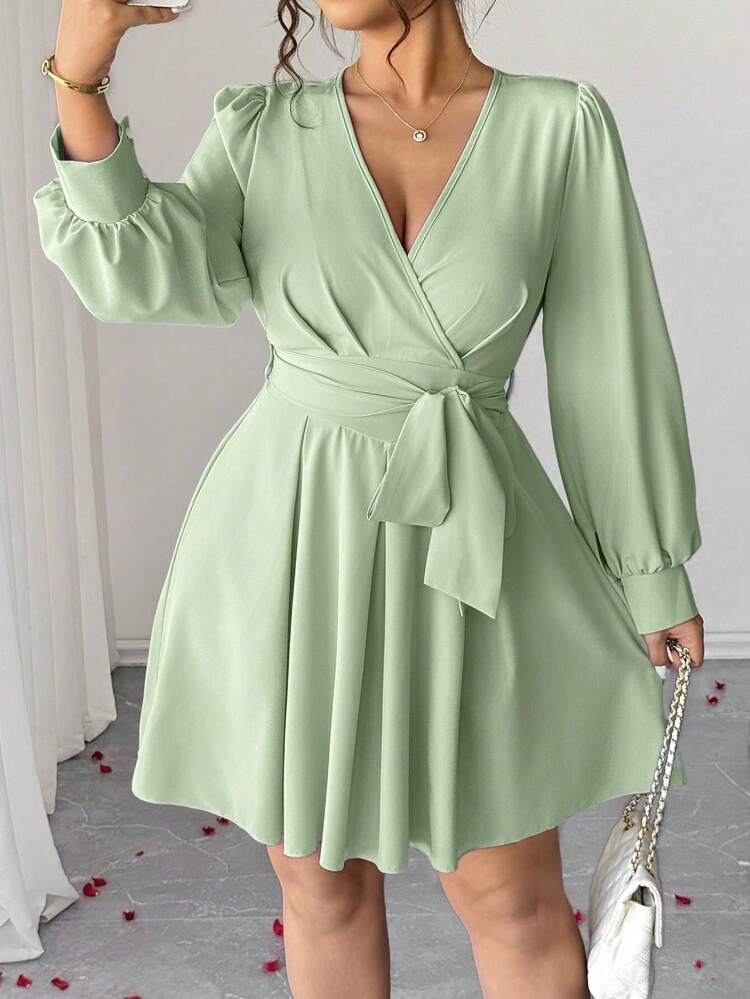 Elenzga Đầm xòe thanh lịch cổ chữ V tay dài thắt nơ eo dành cho nữ cỡ lớn - Limelight Green - Xem 5