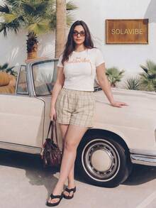 Solavibe Plus Size Casual 90s Plaid Shorts Back-To-School Graduation Beige Summer - Khaki - View 7