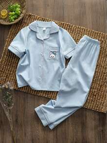 Young Girl' Sweet Minimalist Blue Textured Crinkle Fabric Lavender Sprig Decor Chest Rabbit Embroidery Blue Bow Short Sleeve Top And Pants Comfortable 2-Piece Pajama Set - Blue - View 5