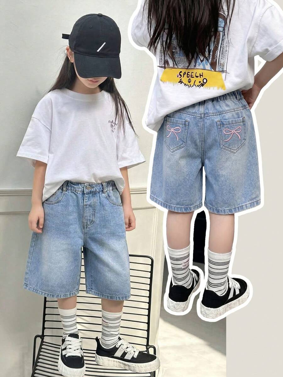 SHEIN Young Girls' Summer Blue Back-To-School Washed Denim Shorts, Pink Bow Embroidery, Elastic Waist, Straight Loose Fit, Soft Fabric, Vintage Style