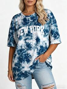 EMERY ROSE Áo thun nữ cỡ lớn, kiểu dáng thường ngày, in chữ New York và họa tiết nhuộm tie-dye, tay ngắn, cổ tròn, dáng rộng, dài đến đầu gối. - Nhiều màu - Xem 5