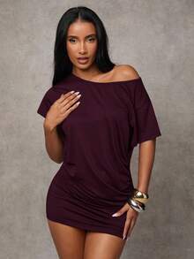 SHEIN BAE Đầm cổ lệch vai mùa hè/Chân váy ngắn màu nâu phù hợp cho tiệc tùng/kỳ nghỉ biển/du lịch hè/kỳ nghỉ đảo/tiệc sinh nhật dành cho nữ. - Màu Tím - Xem 5