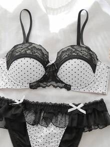 DelicateAllure Polka Dot Mesh Patchwork Lace Lingerie Set - White - View 3
