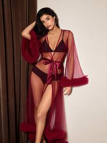 Slumberist Sexy Casual Sheer Mesh Floral Trim Sleeve Design Short Front Long Back Maxi Robe Dress Sleepwear Honeymoon Night Dark Red Summer - Burgundy - View 9