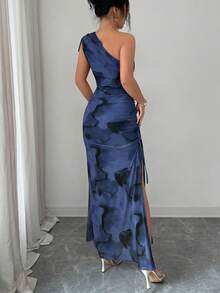 Rafferiza Vestido de mujer elegante con hombro asimétrico, drapeado, cordón, efecto tie-dye y malla con abertura lateral - Azul Marino - Ver 2