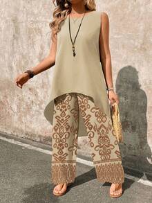 EMERY ROSE Women's Solid Color Round Neck Top And All-Over Print Pants Casual Outfit - Apricot - View 3