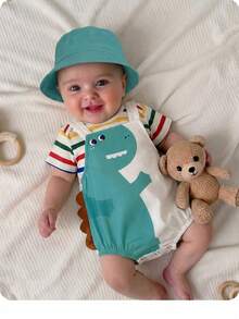 Set Baju Terusan Bayi Laki-laki Baru Lahir Motif Kartun Lucu, Rompi dan Kaos Lengan Pendek Bergaris - MultiWarna - View 3