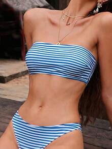 Swim Mod Set de 2 piezas Conjunto de playa para mujer, moda lindo y sexy para vacaciones, fiesta en la piscina o en la playa, con estampado floral/de rayas aleatorio, top bandeau con tirantes desmontables y Bottom de bikini, primavera/verano - Multicolor - Ver 5