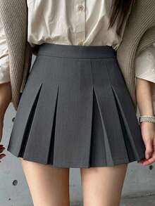 DAZY Women Solid Color Short Pleated A-Line Skirt - College Style - Dark Grey - View 8